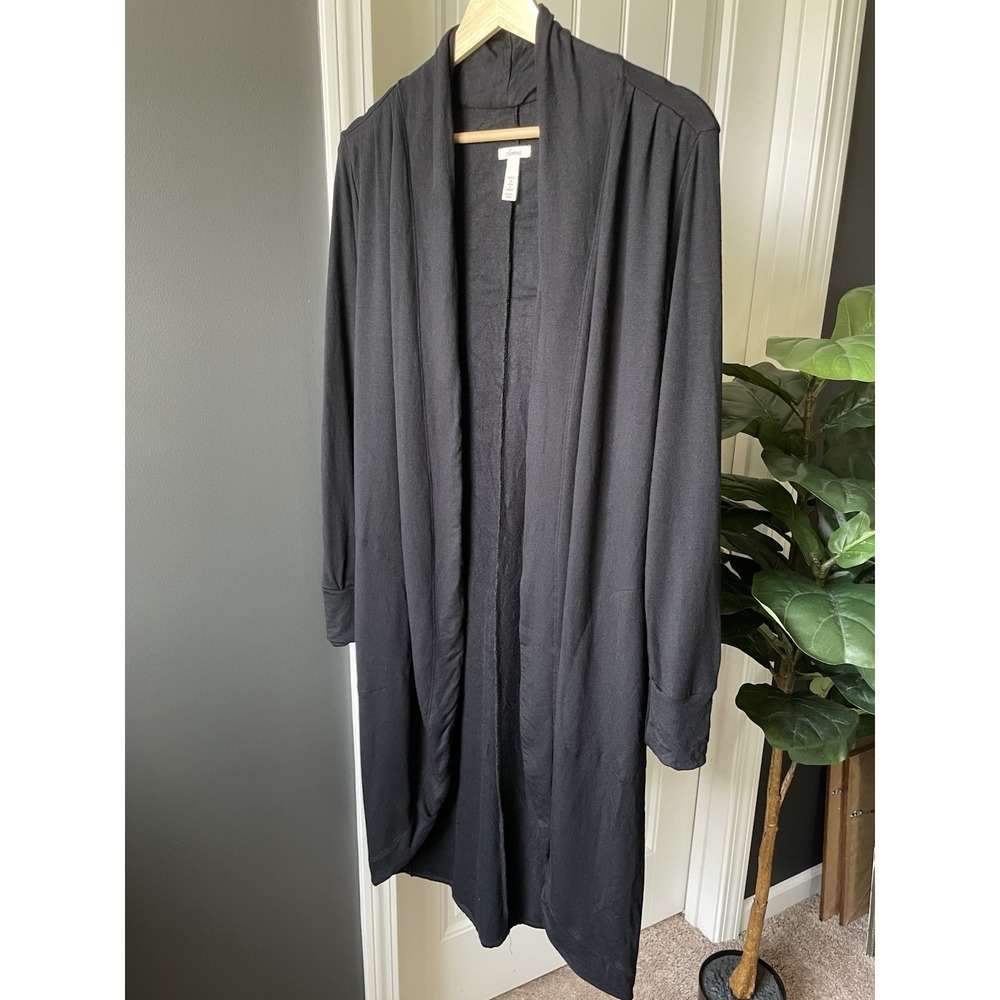 Soma Duster Open Front Cardigan Lounge Jacket Black Soft Modal Knit Pockets S
